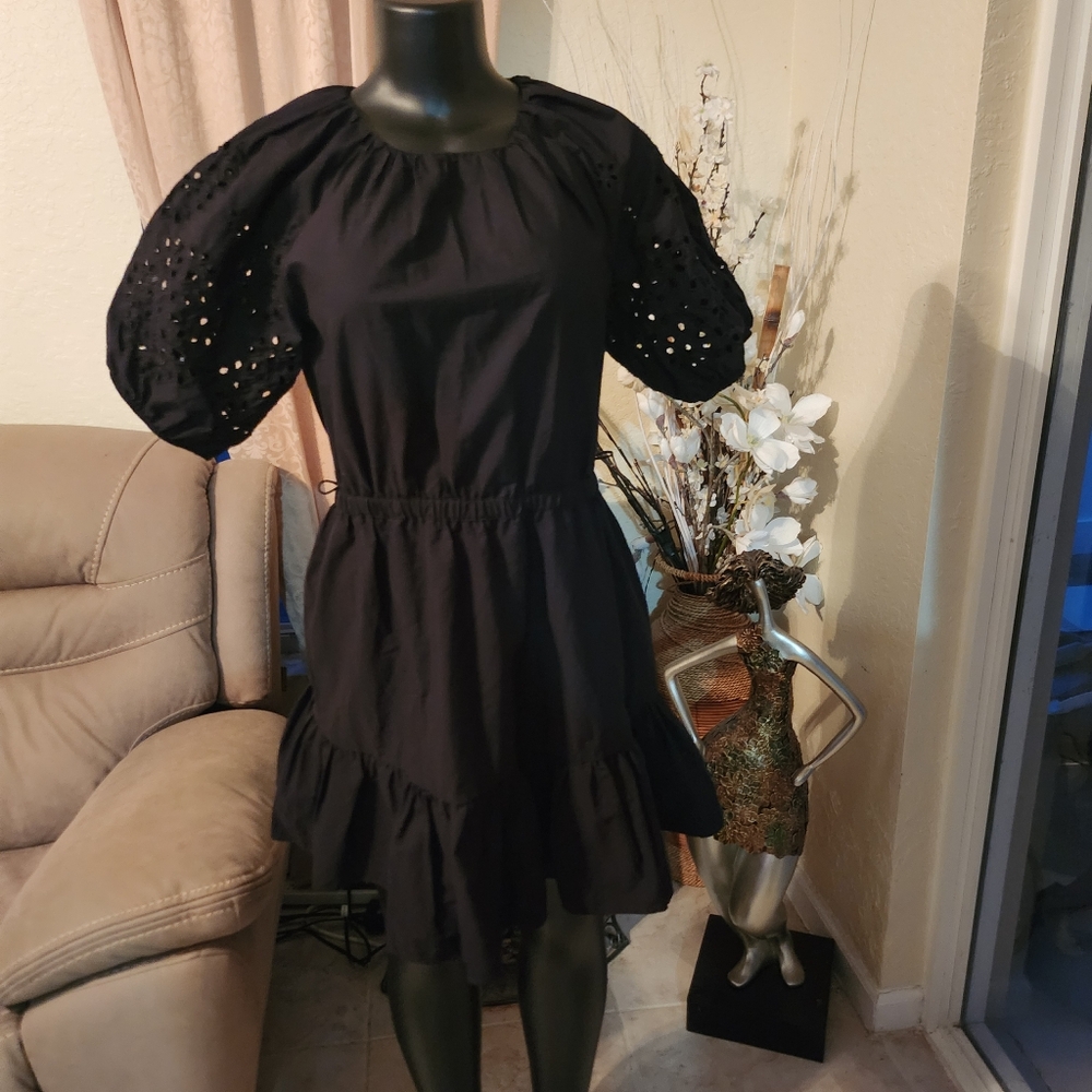 Zara Black Puff Sleeve Eyelet Mini Dress